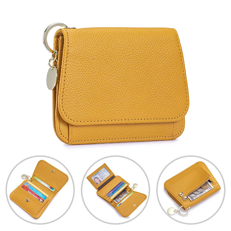 A tan genuine leather RFID blocking women's wallet shown in various angles.