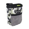 A camouflage patterned pet training treat pouch for dogs with a black trim and a yellow accent.