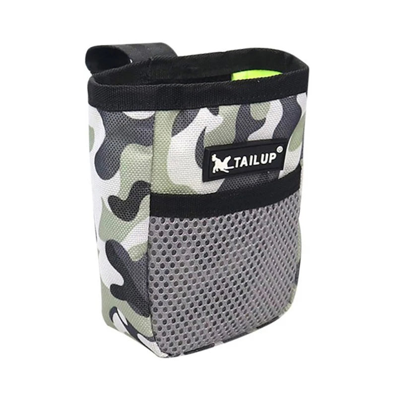 A camouflage patterned pet training treat pouch for dogs with a black trim and a yellow accent.