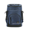 A dark blue insulated travel cooler backpack with black accents.