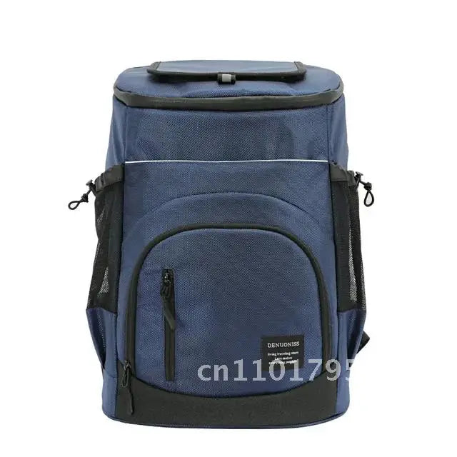 A dark blue insulated travel cooler backpack with black accents.