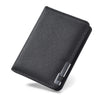 A black slim faux leather business card wallet shown from the side.