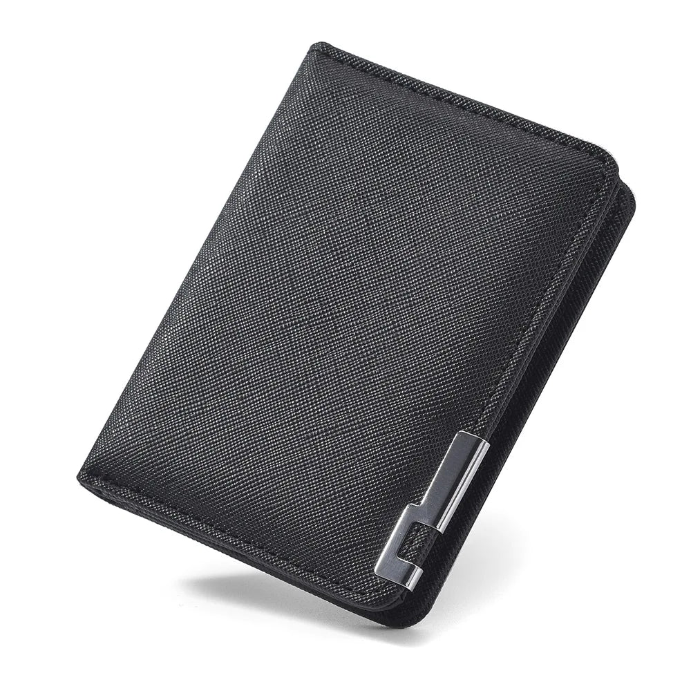 A black slim faux leather business card wallet shown from the side.
