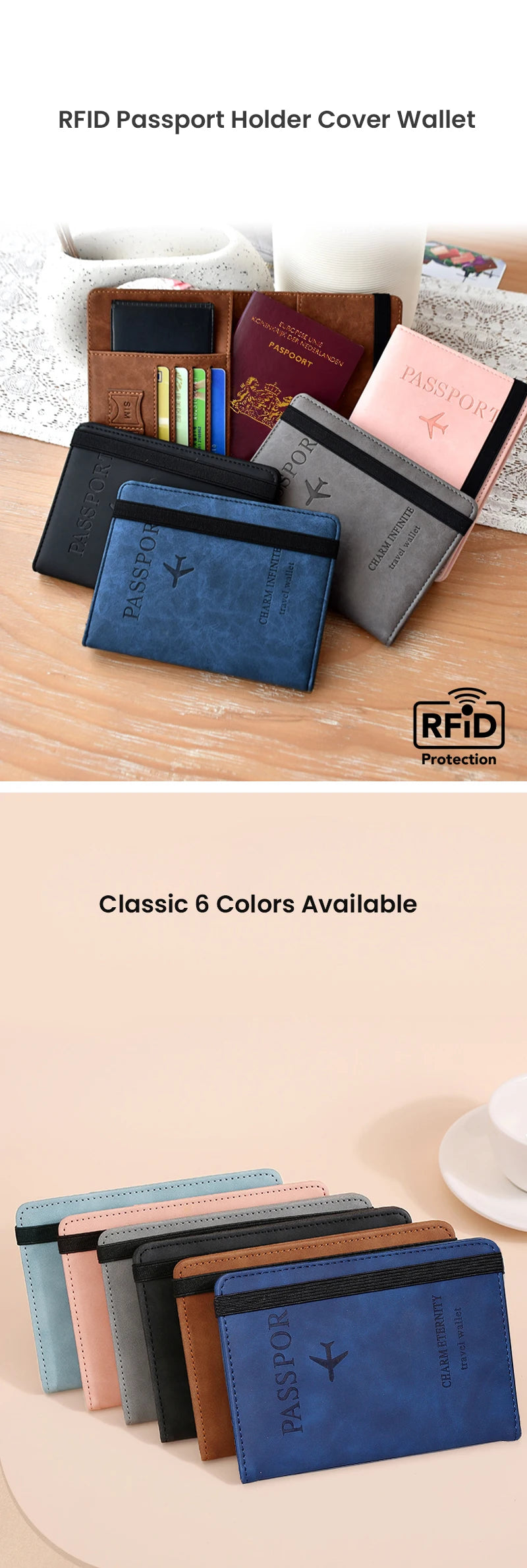 A collection of six colored RFID blocking passport and card wallets displayed on a light background.