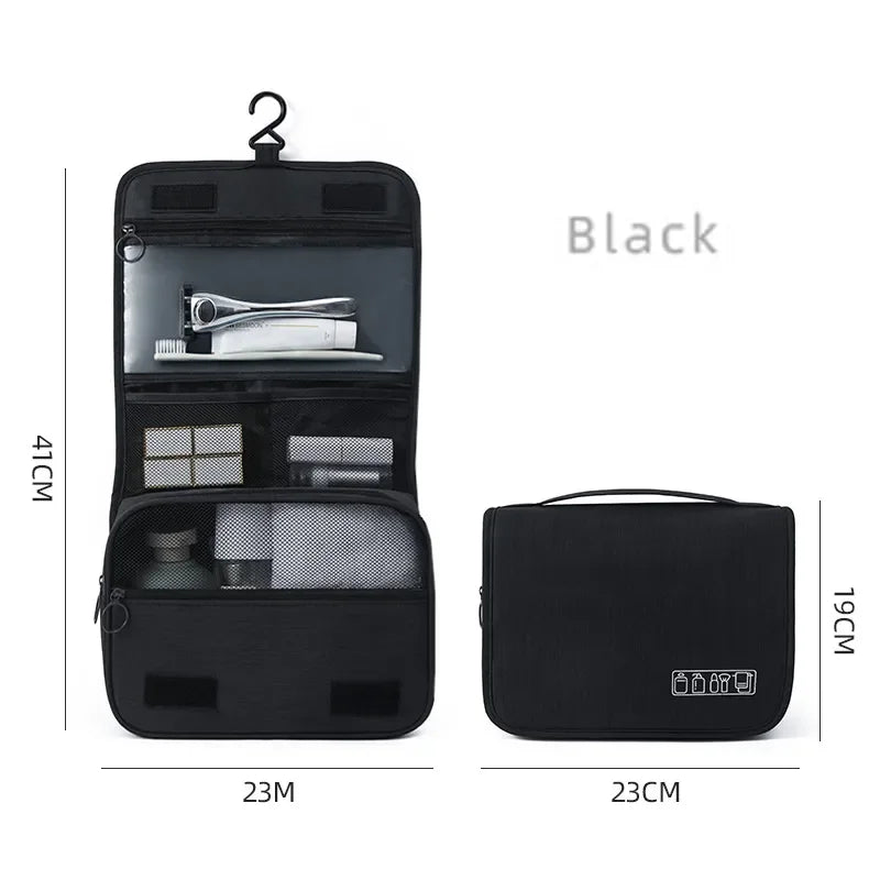Sac portable noir en tissu avec couvercle montrant divers outils et compartiments.
