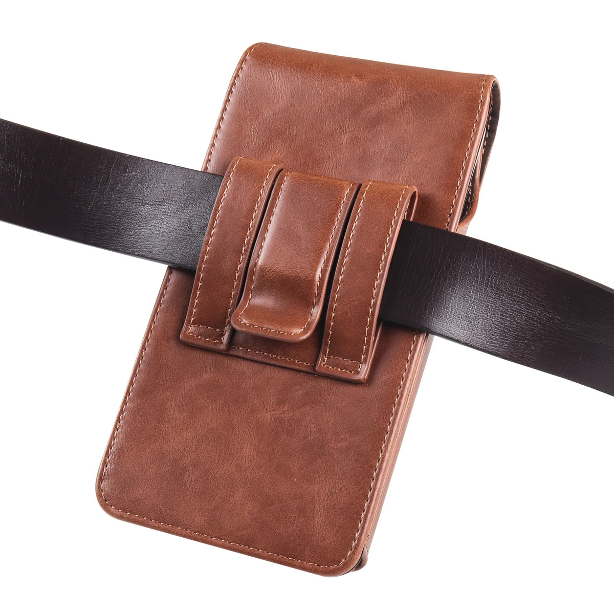 Brown leather belt loop phone case for iPhone with a black strap.