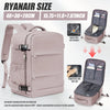 A pink Ryanair size backpack is shown with various features like a zipper and air intake ports.