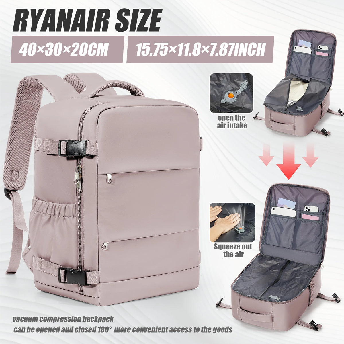A pink Ryanair size backpack is shown with various features like a zipper and air intake ports.