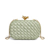 A light sage green handwoven clutch evening bag with a gold-toned clasp and thin gold chain strap.
