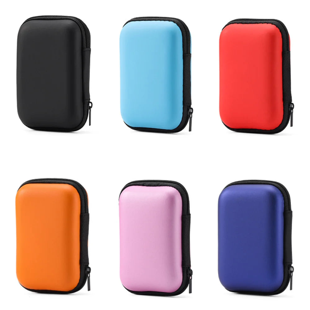 A set of four durable PU hard cases for portable SSDs in black, light blue, red, pink, and purple colors.