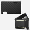 A black carbon fiber wallet is shown next to a smartphone.