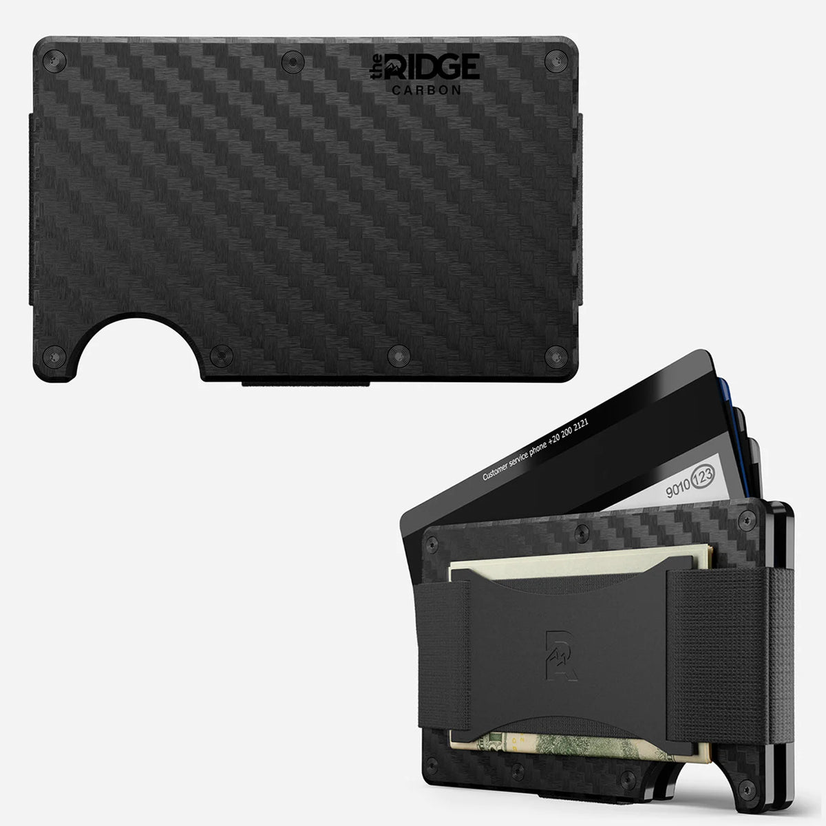 A black carbon fiber wallet is shown next to a smartphone.