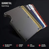 A slim metal card holder wallet displaying various credit cards and an RFID blocking feature.