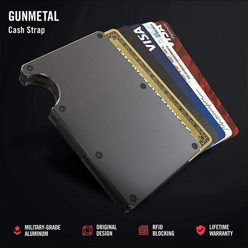 A slim metal card holder wallet displaying various credit cards and an RFID blocking feature.