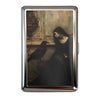A vintage snap metal card holder featuring a dark portrait of a bird on a gilded background.