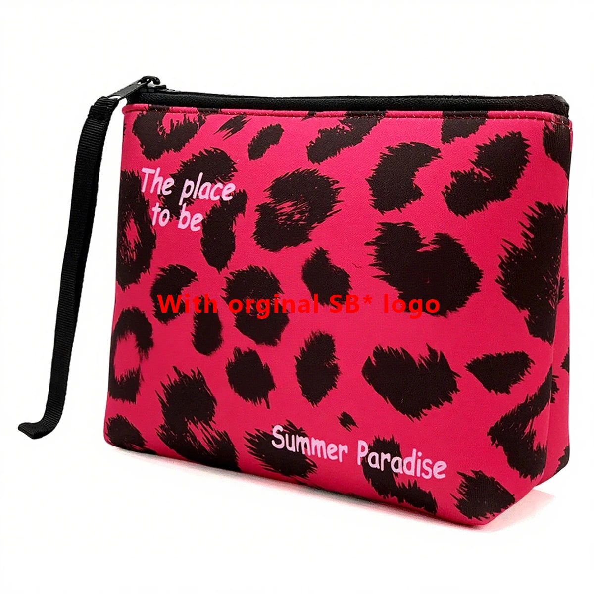 Bolsa cosmética de estampado leopardo rosa con ribete y correa, con el texto Summer Paradise.