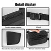 Detail display of a black tactical concealed carry fanny pack showing double zipper design, clutch, removable hook and loop f