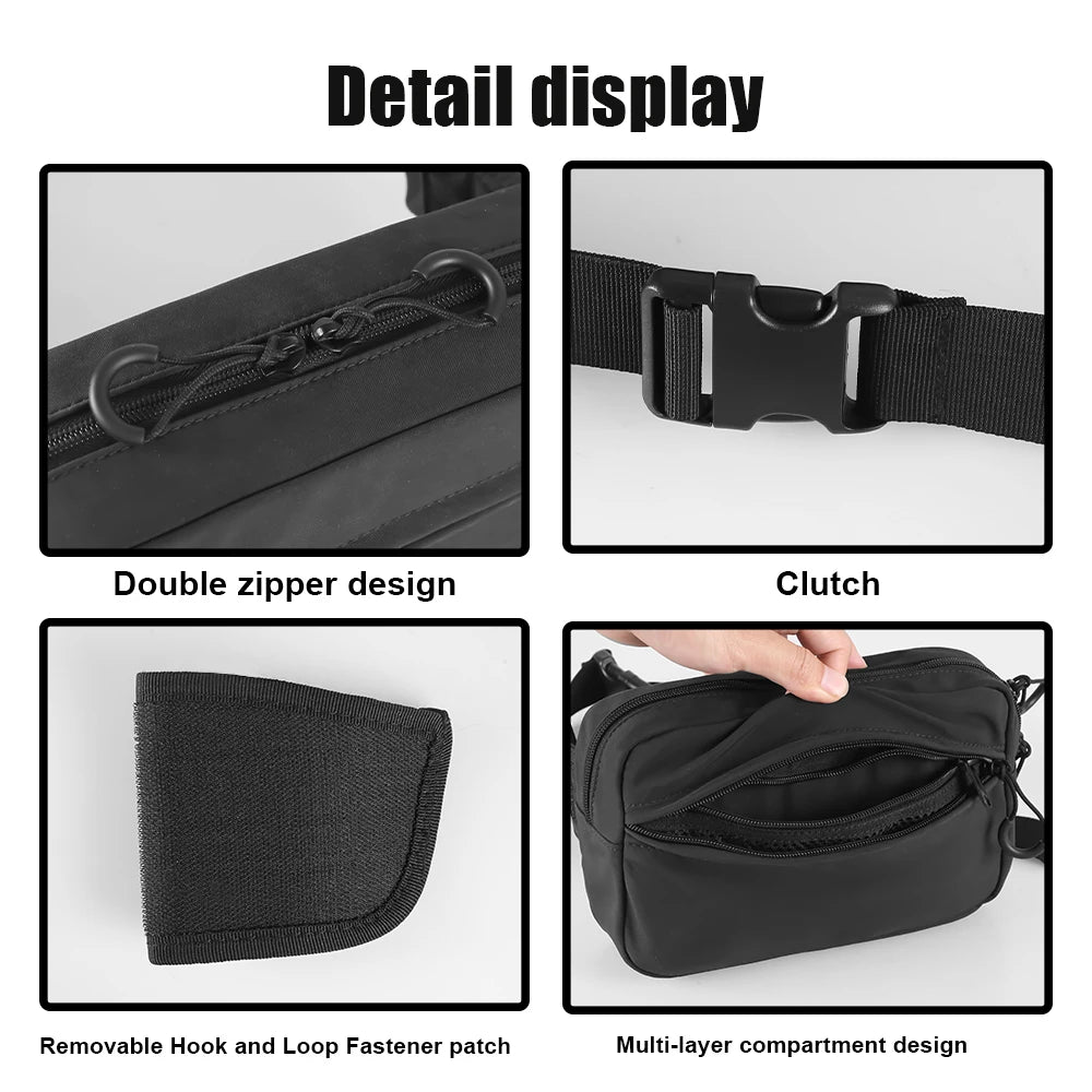 Detail display of a black tactical concealed carry fanny pack showing double zipper design, clutch, removable hook and loop f