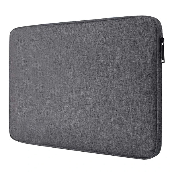 A dark gray waterproof canvas laptop sleeve with a soft fleece lining.