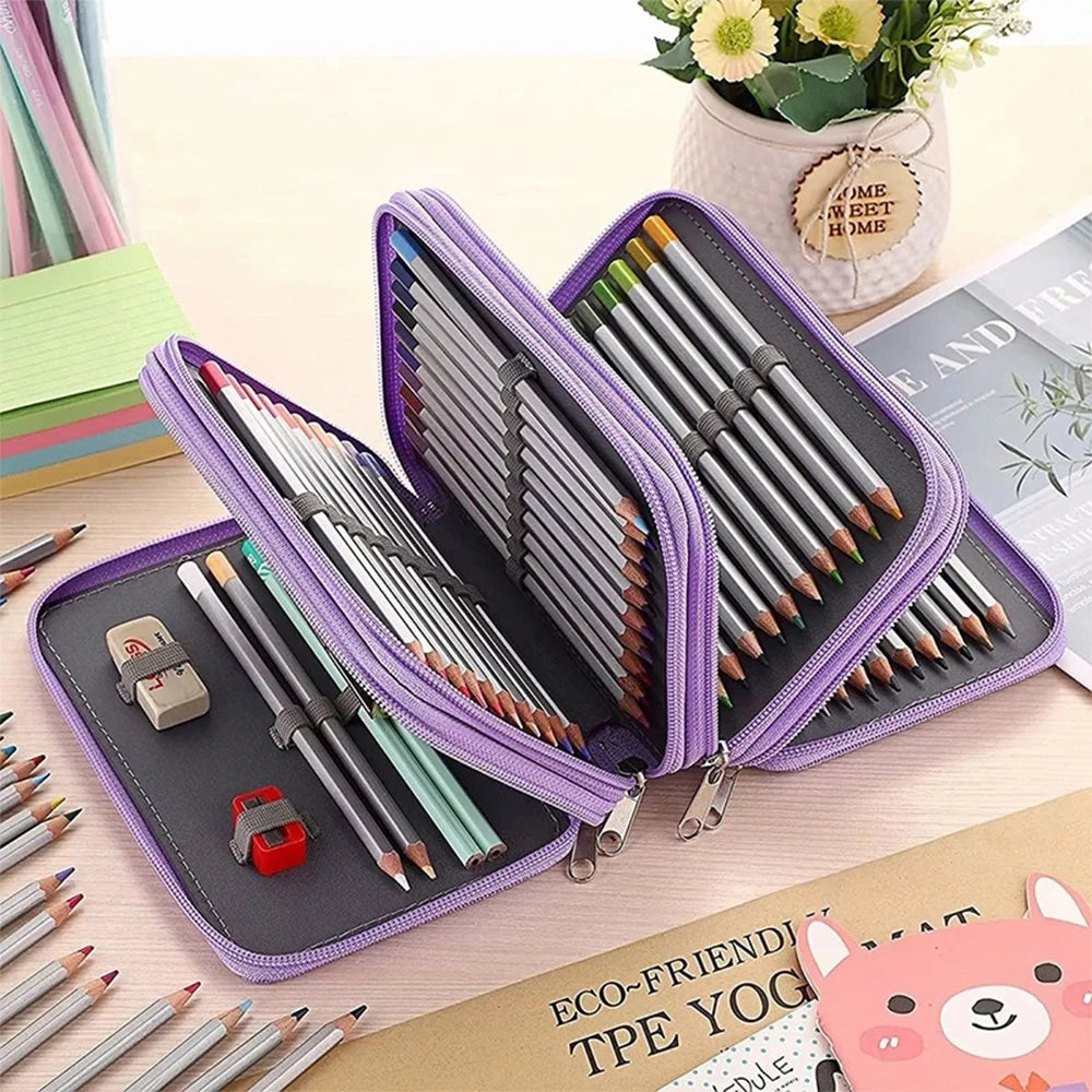Purple pencil case with dividers and multiple pens and pencils displayed on a wooden surface.