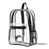 A clear plastic backpack with black straps and a mesh pocket detail.