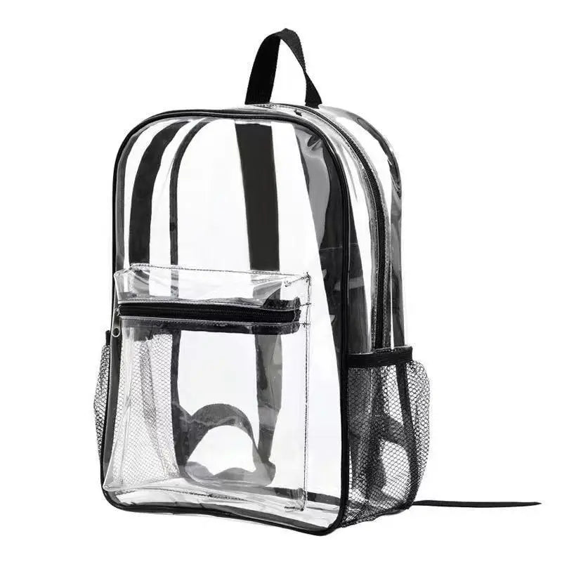 A clear plastic backpack with black straps and a mesh pocket detail.