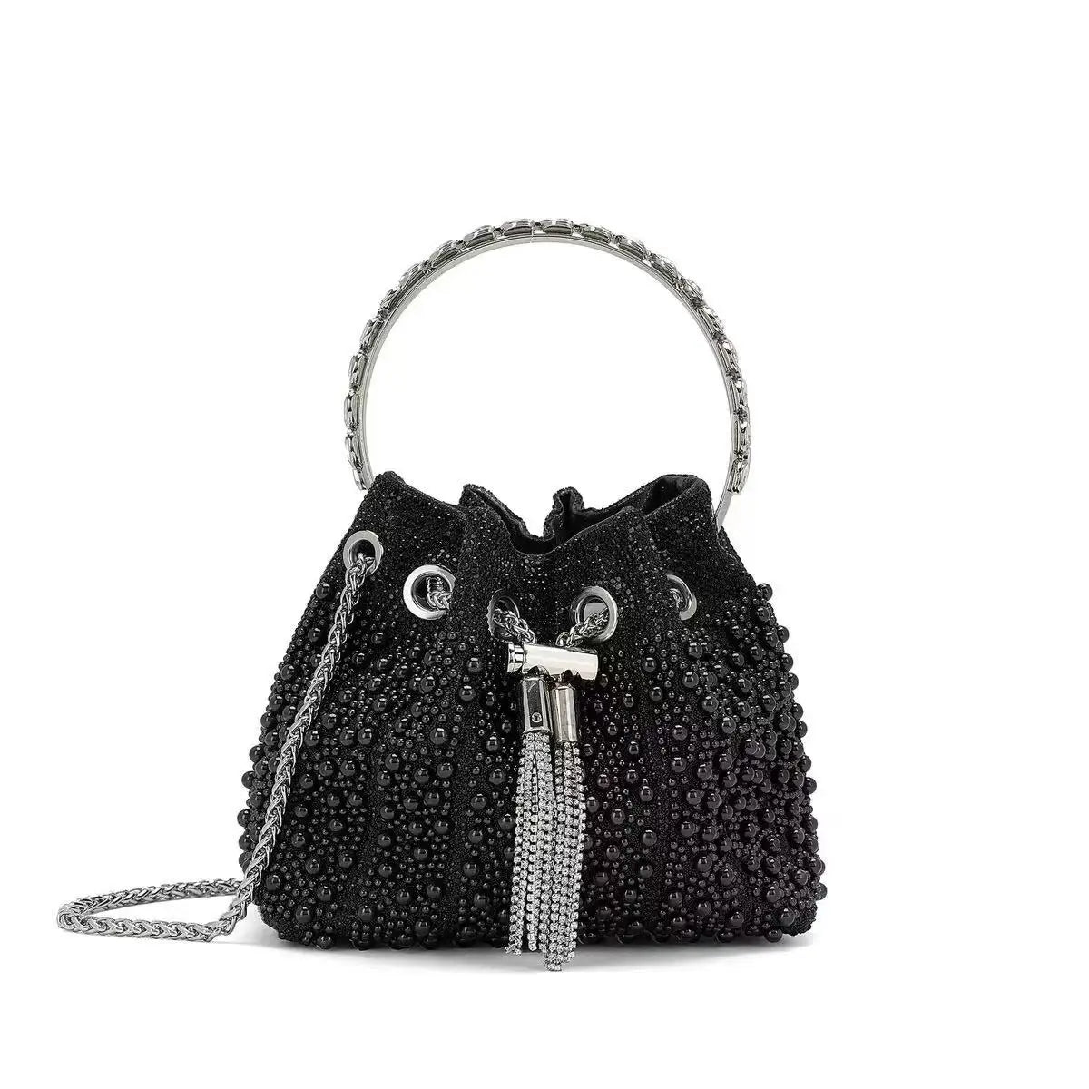 Black crystal-embellished evening clutch with a silver chain strap