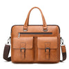 A brown men's PU leather business briefcase bag with a top handle and shoulder strap.
