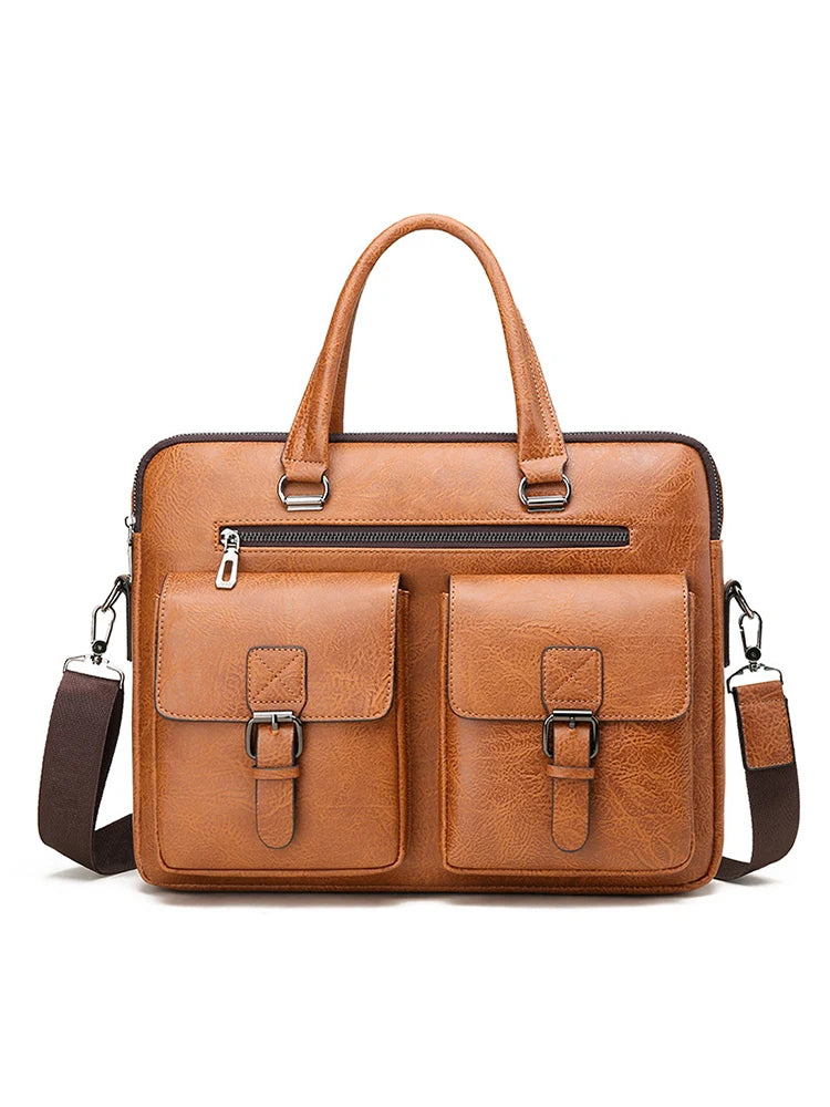 A brown men's PU leather business briefcase bag with a top handle and shoulder strap.