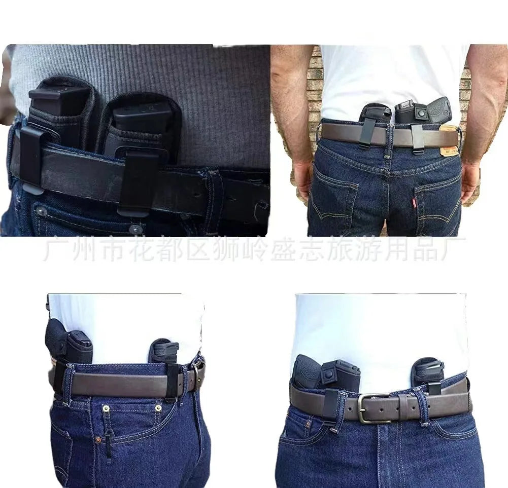 A close-up of a black leather holster and belt system designed for concealed carry inside the waistband.