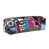 A black leather pencil case with a colorful, abstract design featuring skulls and geometric patterns.