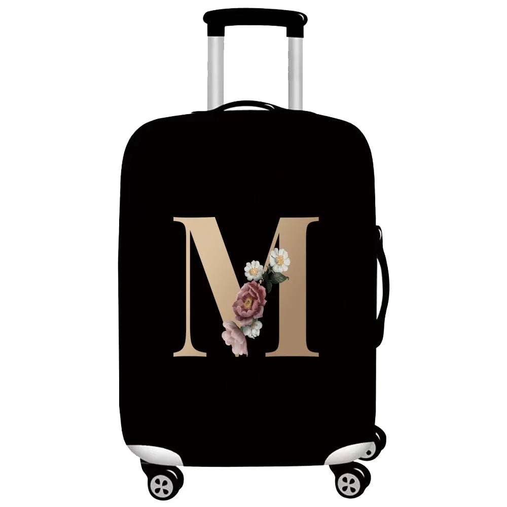Black premium stretch luggage protective cover with a large gold letter M design