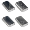Two compact metal cigarette cases, one silver and one dark gray with engraved patterns.