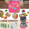 A pink insulated lunch bag is shown with various food items and a large capacity feature.