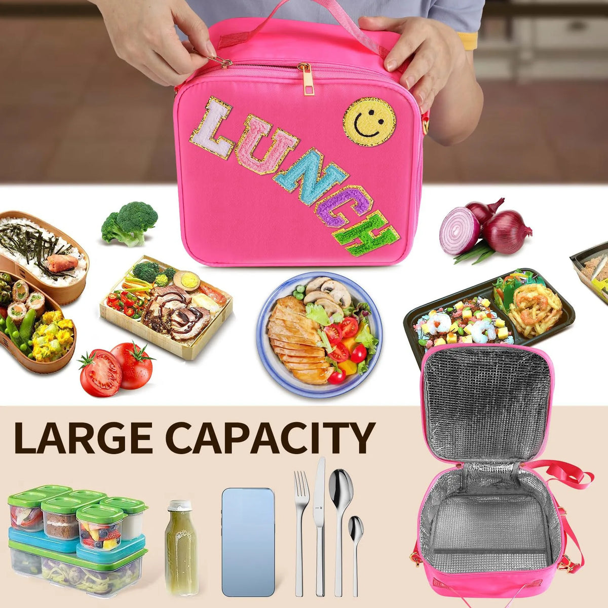 A pink insulated lunch bag is shown with various food items and a large capacity feature.
