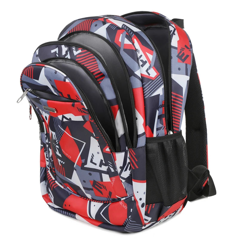 A versatile unisex backpack featuring a multi-colored geometric pattern in red, gray, and white.
