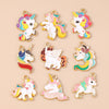 A collection of colorful unicorn horse charm pendants in various pastel and vibrant colors.