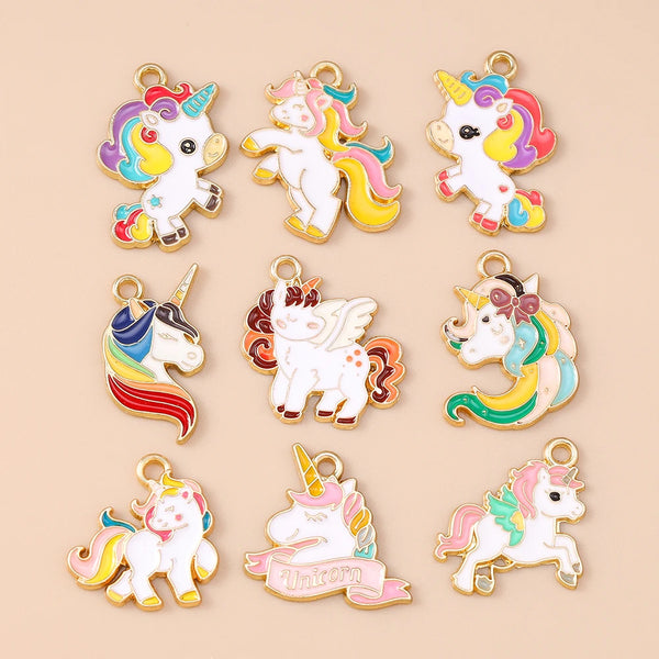 A collection of colorful unicorn horse charm pendants in various pastel and vibrant colors.