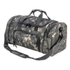 A camouflage duffel bag with padded straps and multiple storage compartments.