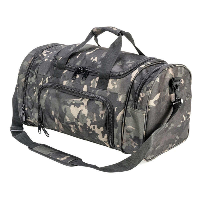 A camouflage duffel bag with padded straps and multiple storage compartments.