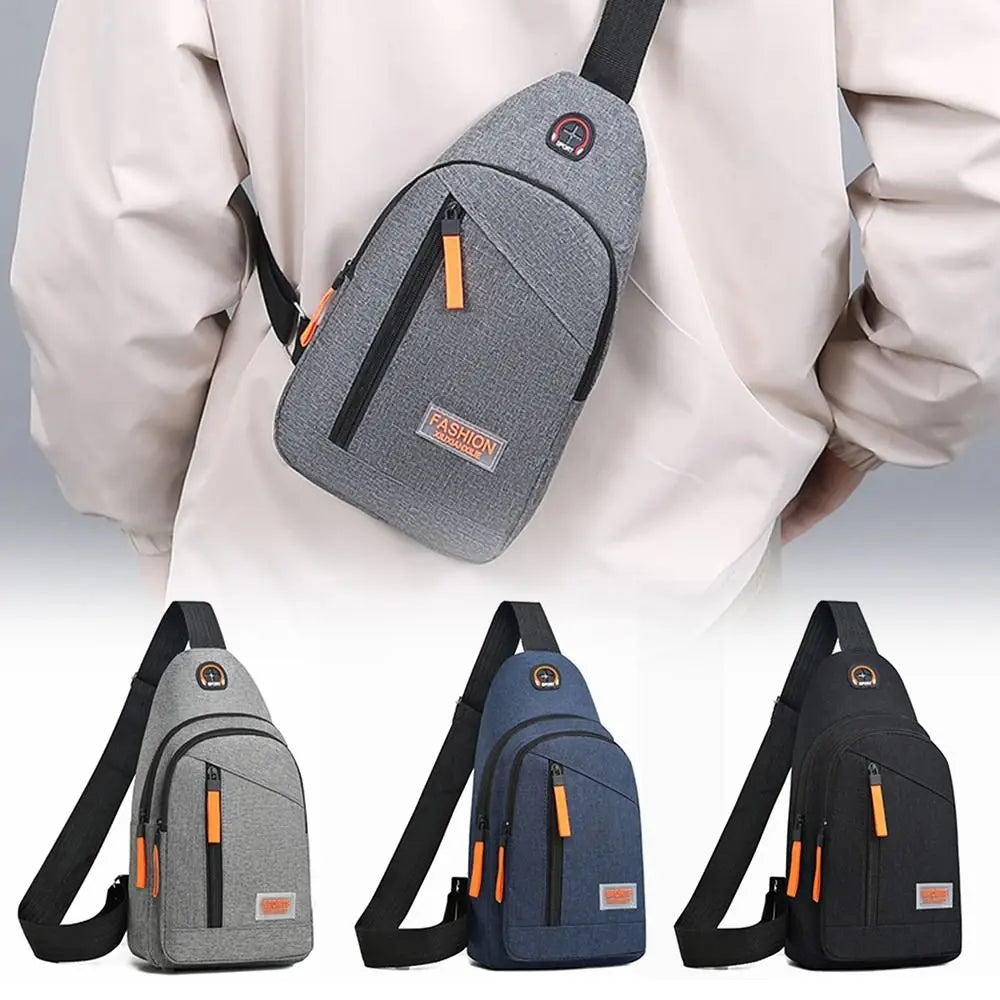 A set of lightweight oxford cloth crossbody bags in gray and navy blue shown against a light background.