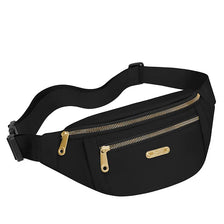 Black waterproof crossbody fanny pack with a gold zipper and buckle