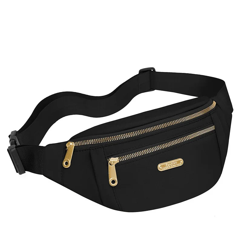 Petit sac banane imperméable noir avec fermeture éclair et boucle dorée