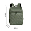 A olive green insulated travel backpack shown from the front with dimensions 38cm high, 16cm deep, and 28cm wide.