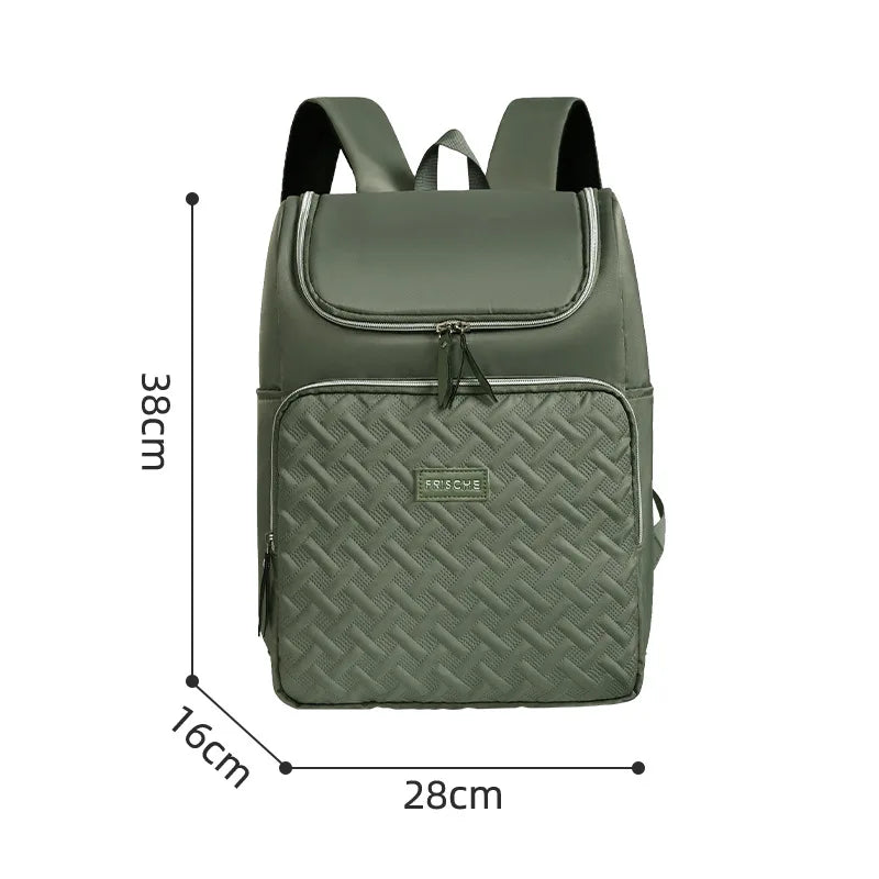 A olive green insulated travel backpack shown from the front with dimensions 38cm high, 16cm deep, and 28cm wide.