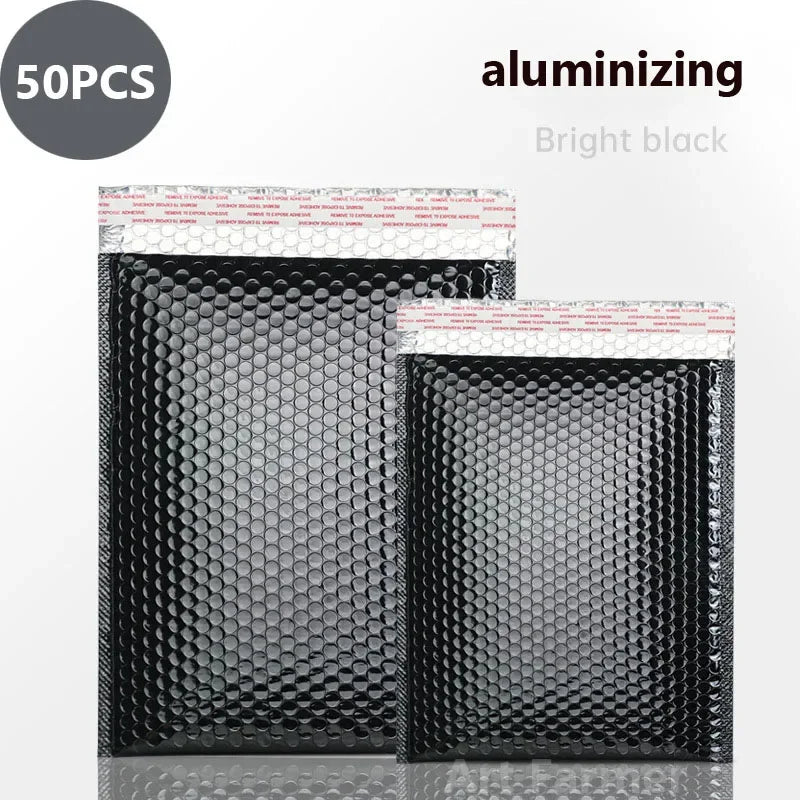 50 pieces of black aluminized holographic bubble mailers with self-seal closure