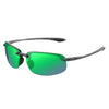 Rimless polarized sports sunglasses with bright green lenses and dark frames