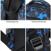 Close-up views of a waterproof graffiti backpack showing sturdy straps, a thickened handle, and an adjustable shoulder buckle