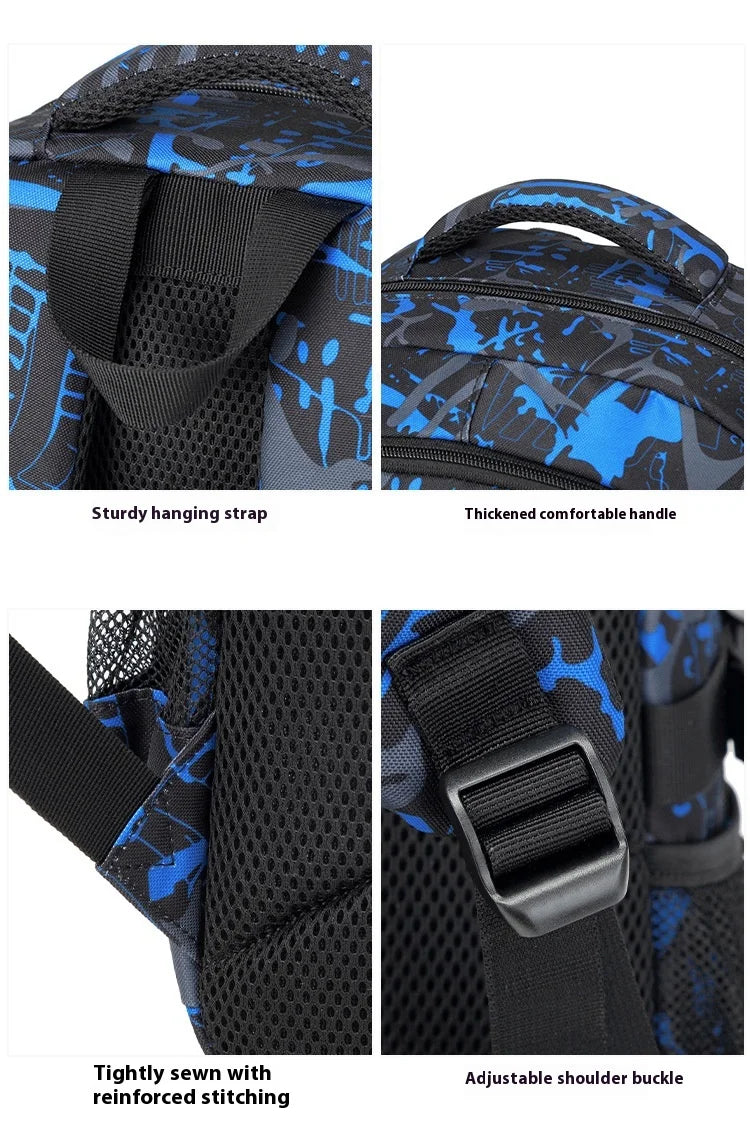 Close-up views of a waterproof graffiti backpack showing sturdy straps, a thickened handle, and an adjustable shoulder buckle