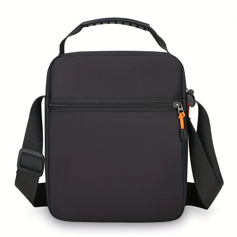A black men's crossbody sling bag with a padded strap and a zipper pocket.
